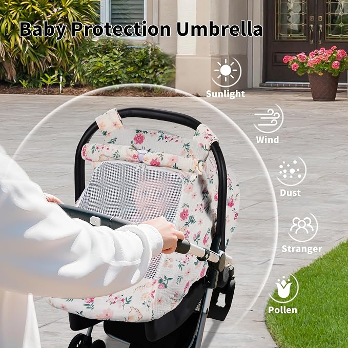 Rquite Car Seat Cover Baby, Carseat Covers Girl Boy, Breathable Muslin Cotton, Large Mesh Window, Infant Car Seat Canopy Baby Carrier Cover Stroller Sun Shade for Summer & Hot Day