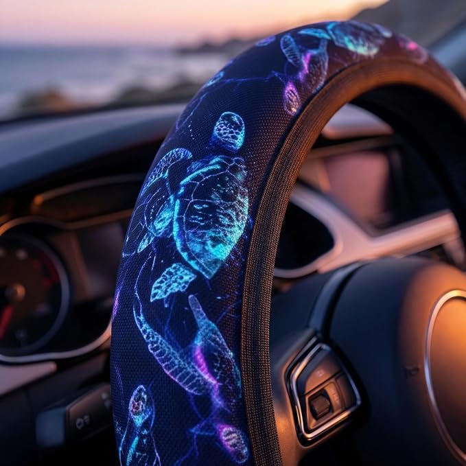 Sea Turtle Steering Wheel Cover 14-15 Inch with 2 pc Car Coasters | Bule Anti-Slip Breathable Universal Car Wheel Cover Set for Men Women,Soft Comfort Grip Accessories