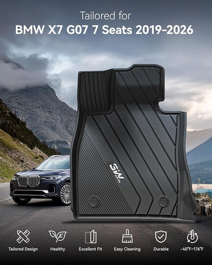 3W Floor Mats Fit for BMW X7 7 Seats 2019-2025 2026, M50i M60i xDrive40i xDrive50i, TPE All Weather Custom Fit Floor Liner, 7 Passengers 1st & 2nd Row, Full Set Car Liners Black