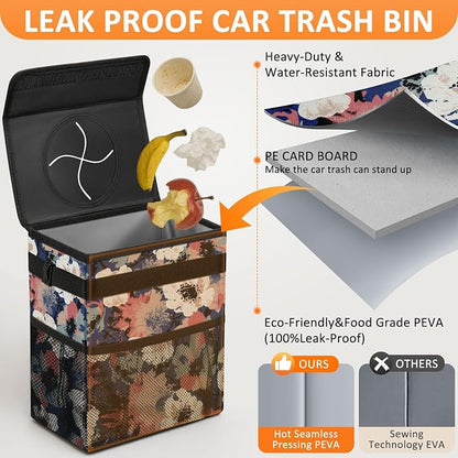 Vankor Car Trash Can for Car Cute, Trash Bag Bin Hanging Waterproof Automotive Garbage Cans Leak Proof Vehicle Trash Can Painting Floral