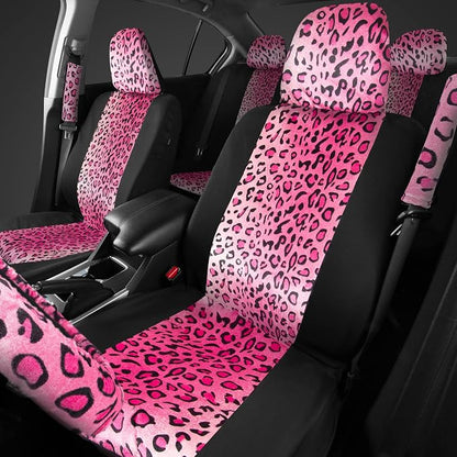 carXS Leopard Print Car Seat Covers Full Set, Includes Matching Seat Belt Pads and Steering Wheel Cover, Two-Tone Cheetah Hot Pink Seat Covers for Women, Car Seat Protector Interior Covers