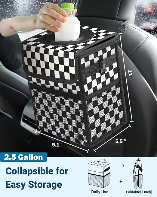 Capolo Car Trash Can with Lid, Leakproof Car Trash Bag Hanging Waterproof Automotive Garbage Can with Storage Pockets Mini Vehicle Trash Bin for Back/Front Seat(Black Checkerboard,2.5 Gallon)