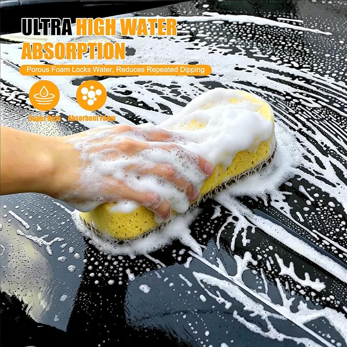 Car Wash Sponge 2 Pack - Large Plush Scratch-Free Cleaning Sponges, High Foam Long-Hair Microfiber Wash Sponge for Cars Trucks SUVs & Household Use