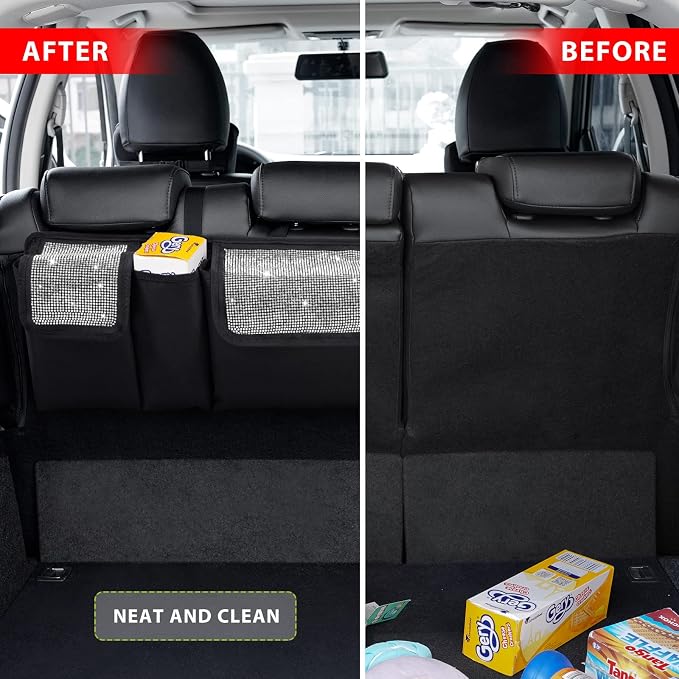 eing Car Trunk Organizer and Storage, Backseat Hanging Organizer for SUV, Truck, MPV, Waterproof, Collapsible Cargo Storage Bag with 5 Pockets, Bling Car Interior Accessories for Women,White