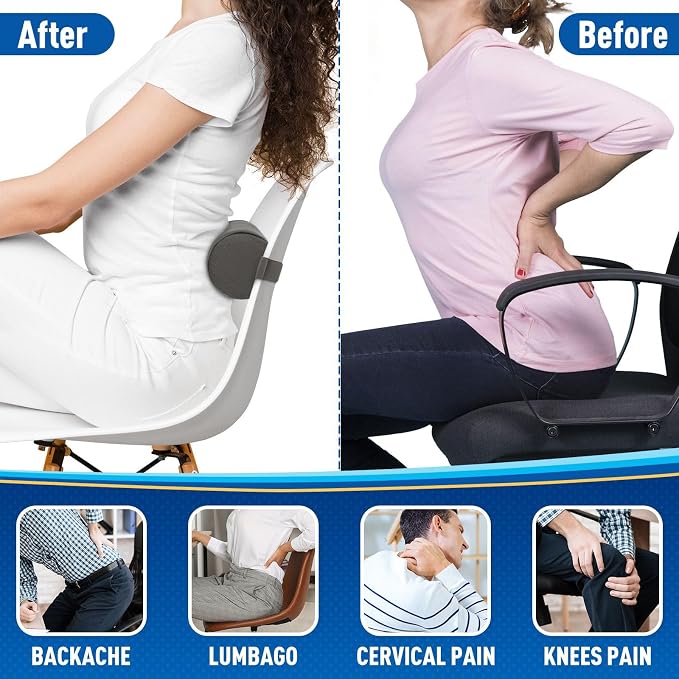 CushZone Seat Cushion, Lumbar Roll Support Pillow for Office Chair, Car, Gaming Chair, Memory Foam Back Cushion with Washable Cover for Relieving Back Pain & Improving Posture,Grey