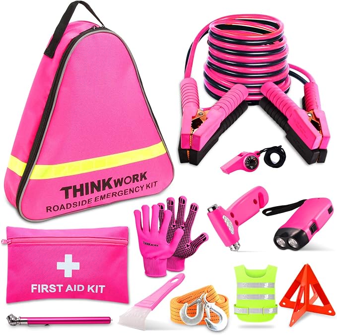 THINKWORK Car Emergency Kit for Teen Girl and Lady's Gifts, Pink Emergency Roadside Assistance kit with 10FT Jumper, First Aid Kit, Safety Hammer, Tow Rope, and More Ideal Pink Car Accessories Tool