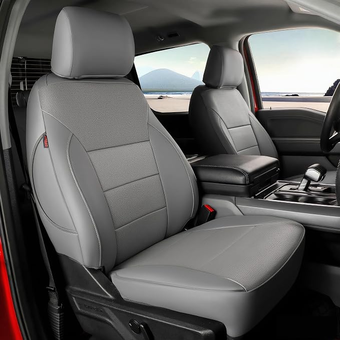 coverdream F150 Seat Covers for 2021-2026 Ford F150 SuperCrew XL,XLT,STX/F150 Lightning(2022-24) & 2023-2026 F250/F350/F450 CrewCab XL,XLT,Fully Covered,Leather Seat Protector(Full Set,Grey)