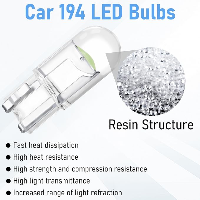 ecocstm 30 PCS Car 194 LED Bulbs, 168 2825 W5W T10 Wedge COB LED Replacement Bulb, Error Free Interior Bulb for Dashboard Light, Dome Lights (Ice Blue)