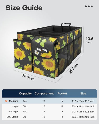 HOTOR Trunk Organizer - Car Organizer, Foldable Trunk organizer for SUVs & Sedans, Sturdy Car Organization for Car Accessories, Tools, Sundries, Sunflower, 2 Compartments, 21.3"×12.6"×10.6"