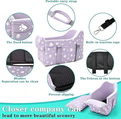 Center Console Dog Car Seat for Medium Dogs - Portable Dogs Armrest Booster Seat, Anti-Collapse Pet Car Seat with Soft Cushion Safety Belt, Support Pet Up to 21lbs (Purple)