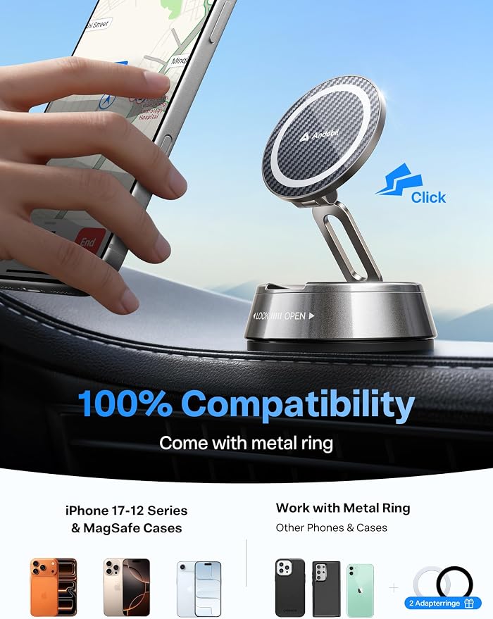 andobil 2026 Upgrade for Magsafe Car Mount [Strongest Suction & Magnet] Vacuum Magnetic Phone Holder for Car 360° Adjustable Car Cell Phone Holder Mount for iPhone 17 Pro Max 16/15/14/13/12