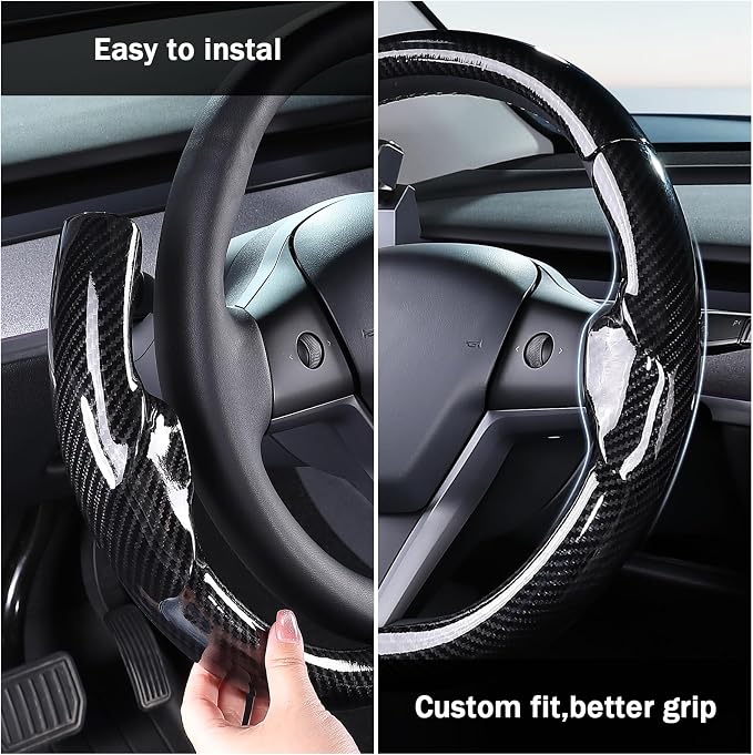 Steering Wheel Cover for 2017-2023 Tesla Model 3 2020-2024 Tesla Model Y, Carbon Fiber Steering Wheel Cover for Tesla Model 3/Y Accessories, Glossy Black