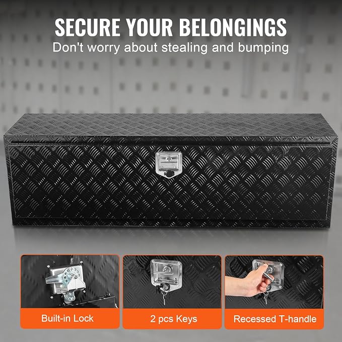 VEVOR Underbody Truck Box, 60" x 17" x 18" Pickup Storage Box, Heavy Duty Aluminum Diamond Plate Tool Box with Lock and Keys, Waterproof Trailer Storage Box with T-Handle Latch for Truck, Van, Trailer