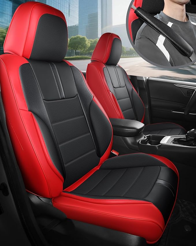 FREESOO Universal Full Seat Covers, Waterproof Faux Leather Automotive Seat Covers with Carbon Fiber Texture Seat Belt Pads, Anti-Slip Airbag Compatible Car Seat Covers for Cars SUVs Trucks