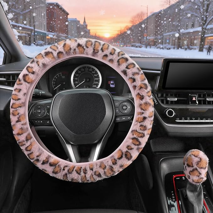 SEG Direct Furry Car Steering Wheel Cover with Gear Shift Cover, Soft and Warm, Cute Fluffy Auto Decor for Women Men, Standard Size, 2 PCS Set, Pink Leopard