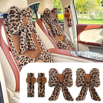 Car Neck Pillow 2PCS Plush Bowknot Car Headrest Pillow – Comfortable Neck Support for Driving Soft Touch Fabric Car Pillow Cute Interior Decor (Leopard Set 4Pcs)