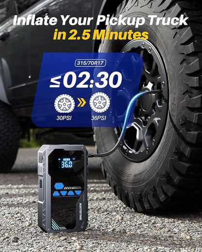 AUTOONE JWA2 Jump Starter with Air Compressor (All Gas/12L Diesel), 150PSI Car Jumper Starter Portable, Jump Box Tire Inflator with LED Flashlight, LCD Display, Storage Case