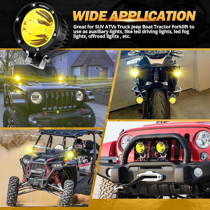Auxbeam C4 Series LED Pods 4In 72W Amber Fog Light, Round Spot Offroad Light, 2PCS 7200LM Amber Light Pod with Wiring Harness Kit, Driving Light Yellow Ditch Light for Jeep Motor SUV ATV UTV Wrangler
