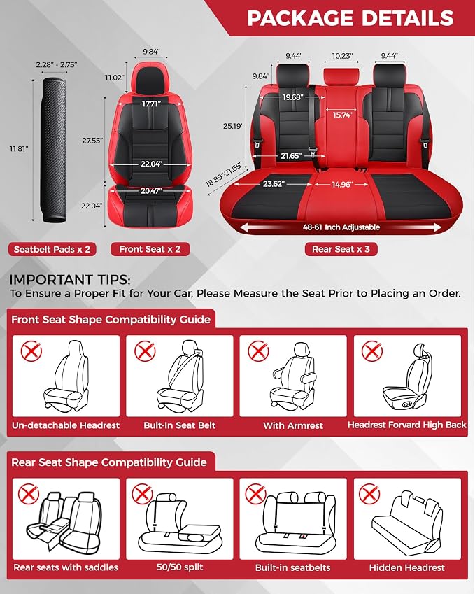 FREESOO Universal Full Seat Covers, Waterproof Faux Leather Automotive Seat Covers with Carbon Fiber Texture Seat Belt Pads, Anti-Slip Airbag Compatible Car Seat Covers for Cars SUVs Trucks