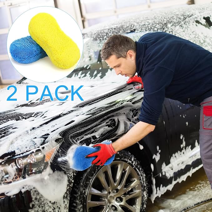 Tanlade 2 Pcs Large Car Wash Sponge for Cleaning, The Microfiber Sponges for Car Washing Supplies, Trucks and Motorcycles (Blue,Yellow)