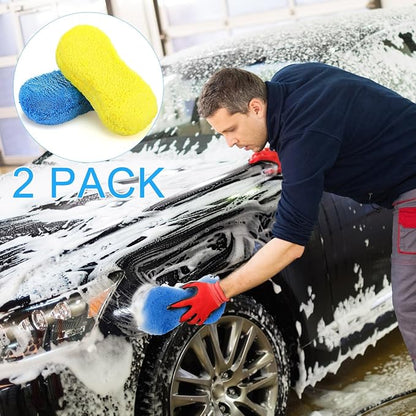 Tanlade 2 Pcs Large Car Wash Sponge for Cleaning, The Microfiber Sponges for Car Washing Supplies, Trucks and Motorcycles (Blue,Yellow)