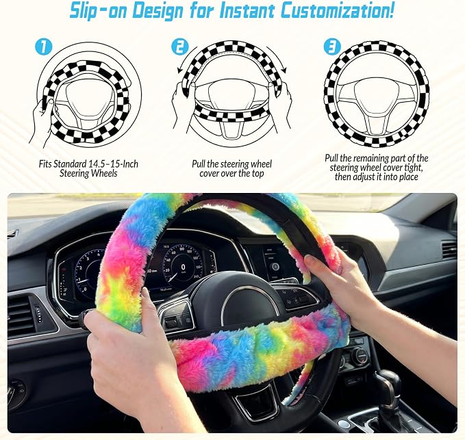 5 Pcs Fuzzy Tie Dye Rainbow Car Accessories Set, Soft Fluffy Plush Steering Wheel Cover, Center Console Armrest Pad & Rearview Mirror Cover - Interior Decorations for Women,Universal Fit (Candy)