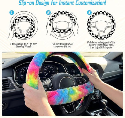 5 Pcs Fuzzy Tie Dye Rainbow Car Accessories Set, Soft Fluffy Plush Steering Wheel Cover, Center Console Armrest Pad & Rearview Mirror Cover - Interior Decorations for Women,Universal Fit (Candy)