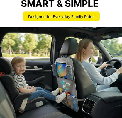Backseat Car Organizer for Kids, Car Seat Organizer with 11” Touch Screen Tablet Holder, Rear Seat Storage Bag with Drink Pockets, Anti-Kick Seat Back Protector for Travel (Gray Dinosaur)