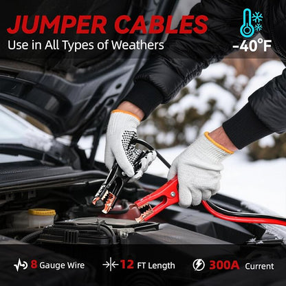 Car Emergency Safety Kit Bag with Portable Air Compressor, Jumper Cables,First Aid Kit, Winter Vehicle Roadside Emergency Kit with Snow Brush and Ice Scraper, for Women, Men, Teen