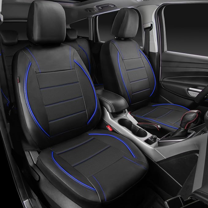 CAR PASS Universal FIT Piping Leather Car Seat Cover, for suvs,Van,Trucks,Airbag Compatible,Inside Zipper Design and Reserved Opening Holes (Full Set, Black and Blue)