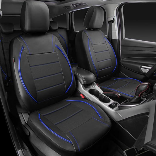 CAR PASS Universal FIT Piping Leather Car Seat Cover, for suvs,Van,Trucks,Airbag Compatible,Inside Zipper Design and Reserved Opening Holes (Full Set, Black and Blue)