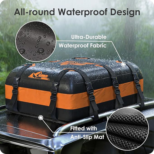 Car Rooftop Cargo Carrier Bag 20 Cubic Feet, 100% Waterproof Heavy Duty Car Roof Bag for All Vehicle with/Without Racks - Anti-Slip Mat, 6 Door Hooks, Storage Bags, 5CM Straps(Orange)