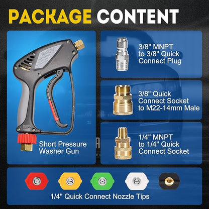 TOOLCY Pro Short Pressure Washer Gun 5000 PSI with 360° Swivel,3/8" Quick Connect Inlet, Power Washer Gun with 1/4" Quick Connect Outlet, Includes 3/8" QC to M22-14mm Adapter & 5 Nozzle Tips