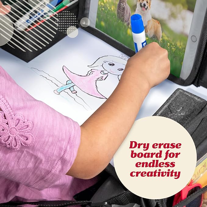 Lusso Gear Kids Car Seat Travel Tray - Dry-Erase Tablet Holder for Road Trip Activities - Cup Holder & Storage for Toddler Travel Essentials - Plane Activity Tray for Airplane Essentials - Dinos