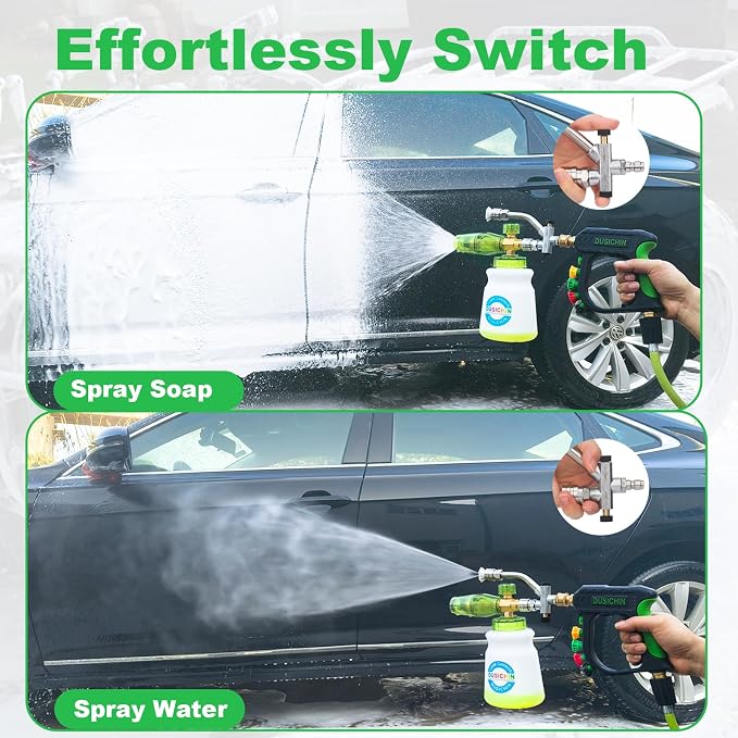 DUSICHIN Pressure Washer Gun Foam Cannon Dual Connector Shift Valve, Car Wash Foam Cannon Kit 1/4 Inch Quick Connector 5 Pressure Washer Nozzle Tips Build-in Design Work with A Pressure Washer DUS2703