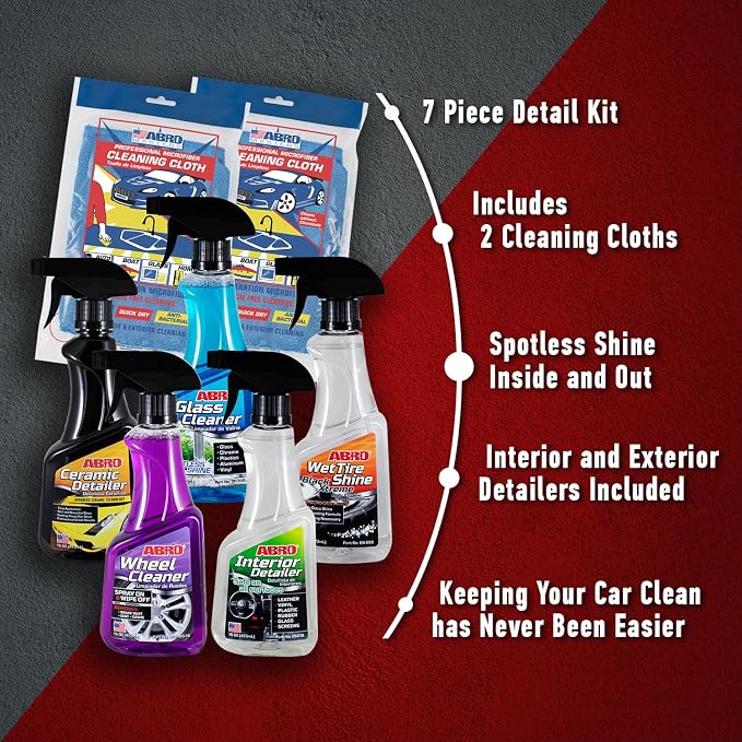 ABRO Professional Grade Car Detailing Kit, Includes Streak Free Glass Cleaner, Wheel Cleaner, 2 Mircofiber Cleaning Towels, Interior & Exterior Wash