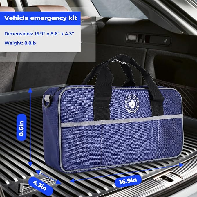 All-in-One Car Emergency Kit with Digital Tire Inflator, Jumper Cable, Tow Strap, Reflective Triangle, First Aid Kit, Hand Crank Flashlight, and Repair Tools for Roadside Safety (Blue)