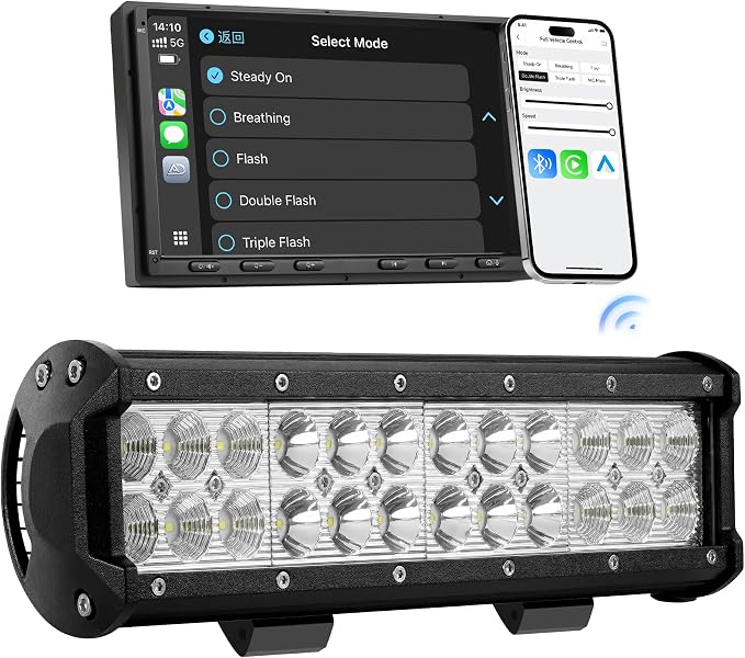 LED Light Bar 72W Spot Flood Combo Beam, Smart App Controlled Off Road Driving Lights Supports CarPlay/Android Auto, IP67 Waterproof 6000K White Lamps for Trucks, ATV, UTV, SUV, Boat (1 Pack)