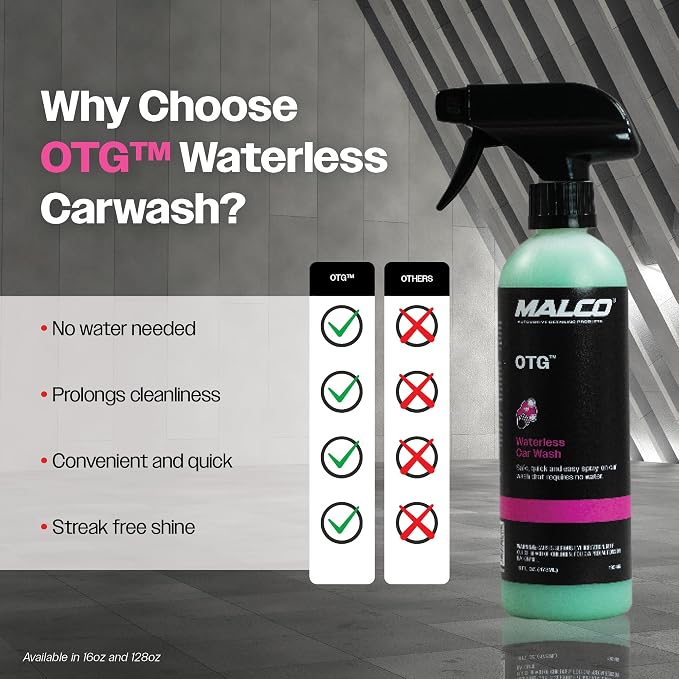 Malco OTG Waterless Car Wash (16 Oz.) - 100% Waterless Car Wash Spray/No Water or Bucket Needed/Safe and Effective Cleaning Solution for Cars/Great for On The Go or Regular Use (199416)