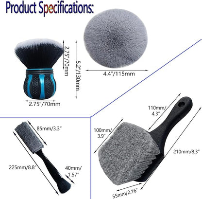 Professional Car Detailing Brush Set - Soft Bristle Interior Leather Dash Brush, Dual-End Vent & Crevice Cleaner, Long Handle Tire Scrub Brush for Auto Detailing, Car Wash Kit