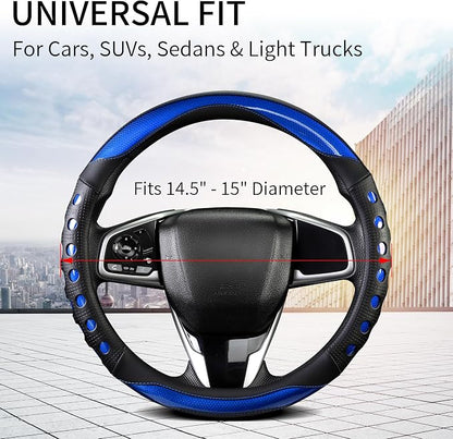 PU Leather Car Steering Wheel Cover with Anti-Slip Grip, for Women and Men, Universal Fit for 14.5-15 Inch Cars, Trucks, SUVs (Blue (Round), Medium(Standard) Size[14 1/2''-15''])