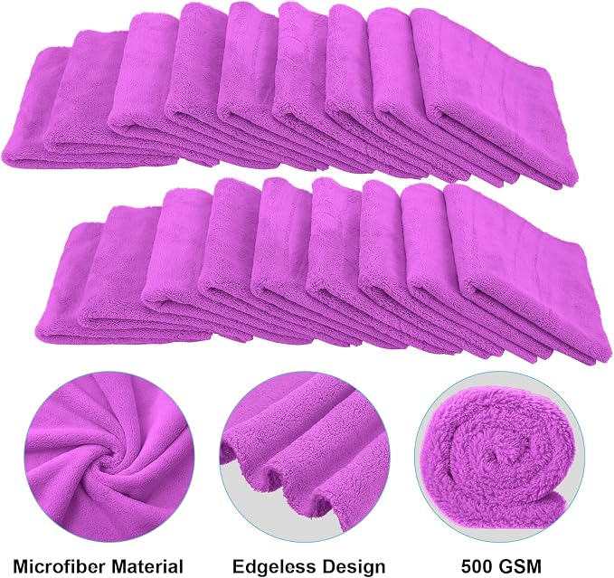 Shimeyao 30 Pcs Edgeless Microfiber Plush Towels for Cars Detailing Drying Wash Polishing Absorbent Cleaning Cloths, 500 GSM (16 x 16 Inch,Purple)