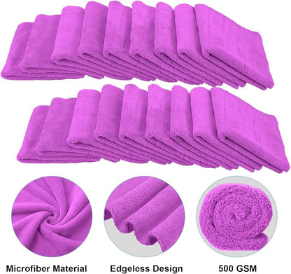 Shimeyao 30 Pcs Edgeless Microfiber Plush Towels for Cars Detailing Drying Wash Polishing Absorbent Cleaning Cloths, 500 GSM (16 x 16 Inch,Purple)