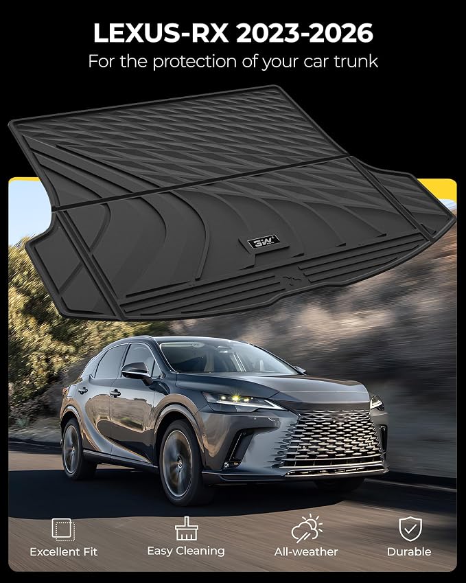 3W Cargo Trunk Liner for Lexus RX/RX350/RX350h/RX500h 2026 2025 2024 2023, TPE All Weather Custom Fit Lexus RX Cargo Mat Anti-Slip Heavy Duty Accessorious, Black(Not fit RX450h+ PHEV)