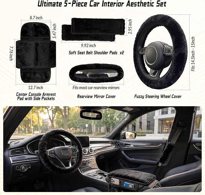 5 Pcs Fuzzy Black Color Car Accessories Set, Soft Fluffy Plush Steering Wheel Cover, Center Console Armrest Pad & Rearview Mirror Cover - Interior Decorations for Women,Universal Fit (Black)
