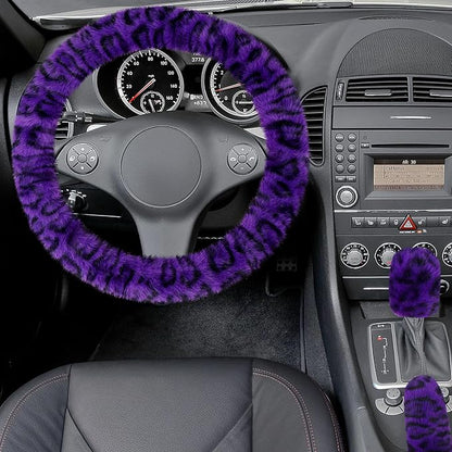 Accmor Fuzzy Car Steering Wheel Cover, Universal Fit Fur Car Wheel Cover & Handbrake Cover & Gear Shift Cover Set, Fluffy Fashion Leopard Print Auto Steering Wheel Protector for Women Girls(Purple)