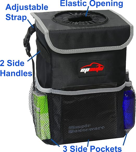 EPAuto Waterproof Car Trash Can with Lid and Storage Pockets, 2.5 Gallon, Black