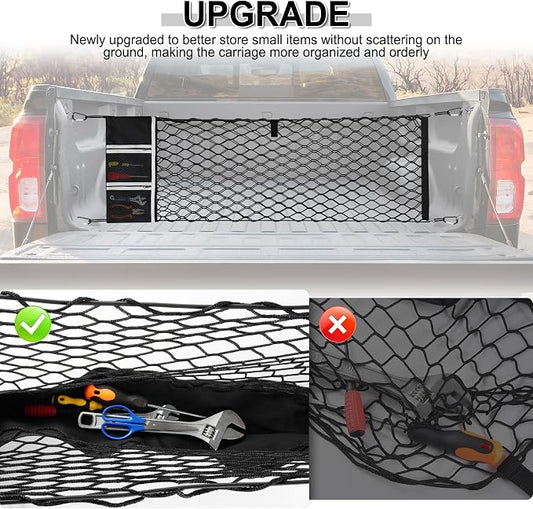 Amiss Truck Bed Cargo Net with Side Organizer, Fits for 2021-2026 Chevy Suburban&Tahoe|GMC Yukon&Yukon XL| Escalade, Portable Storage for Pickup Cargo and Heavy Duty Hook, Car Exterior Accessories