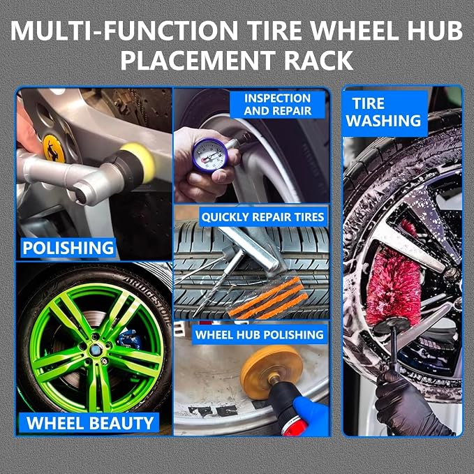 Rolling Wheel Detailing Stand – Heavy-Duty Tire Cleaning and Polishing Roller with 3-Way Rotating Rollers for Ceramic Coating, Tire Shine, Car Wheel Wash – Garage Accessory for Auto Detailers