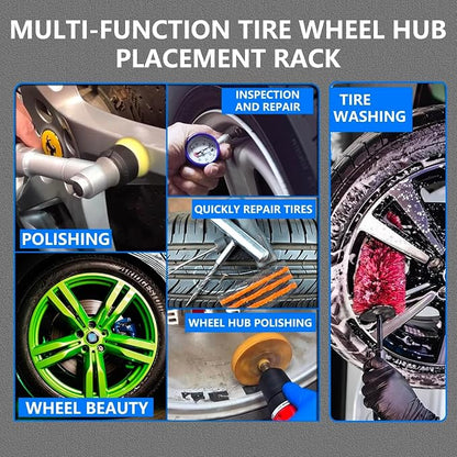 Rolling Wheel Detailing Stand – Heavy-Duty Tire Cleaning and Polishing Roller with 3-Way Rotating Rollers for Ceramic Coating, Tire Shine, Car Wheel Wash – Garage Accessory for Auto Detailers